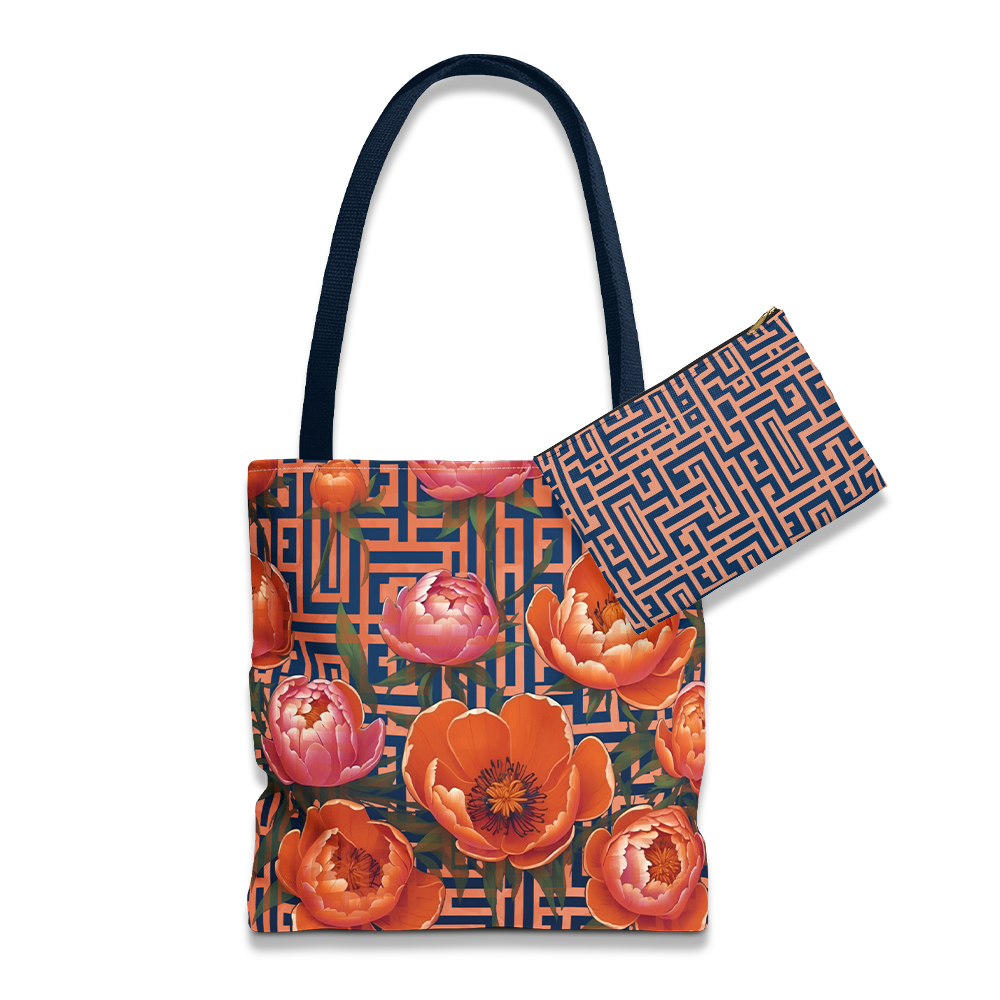 Bundle and Save! Peony Labyrinth Tote and Geometric Background Flat Accessory Pouch