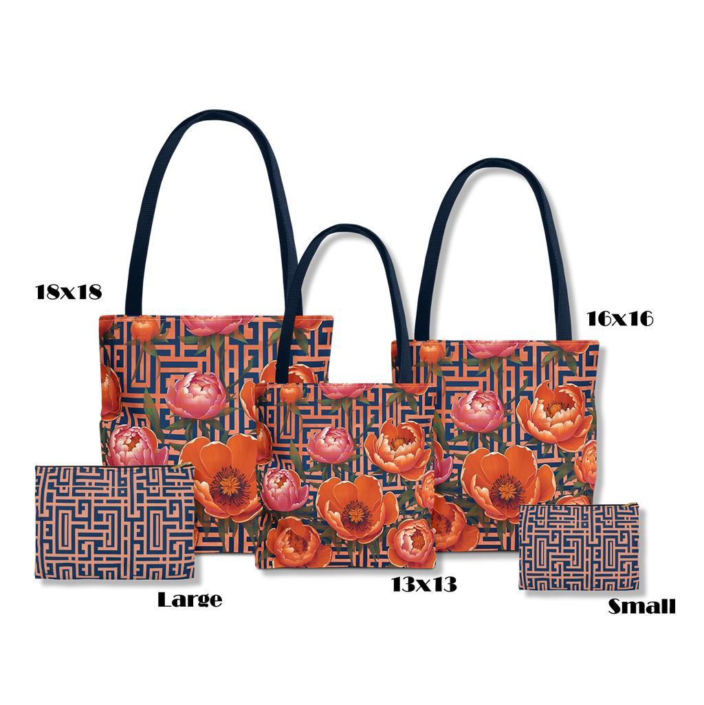Bundle and Save! Peony Labyrinth Tote and Geometric Background Flat Accessory Pouch