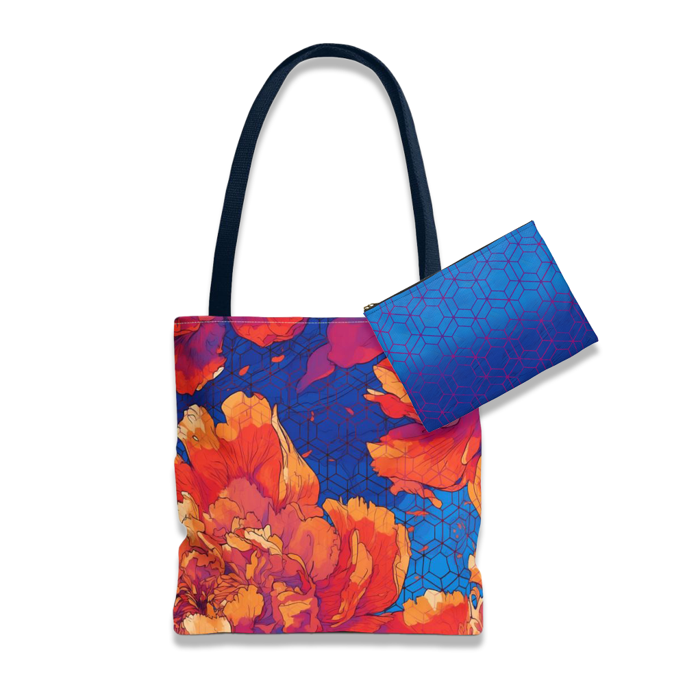 Bundle and Save! Floral Hex Flame Tote and Floral Hex Flame Geometric Background Flat Pouch