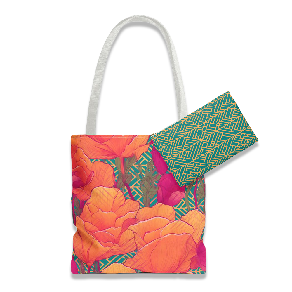 Bundle and Save! Golden Poppy Matrix Tote Bag and Geometric Background Flat Accessory Pouch