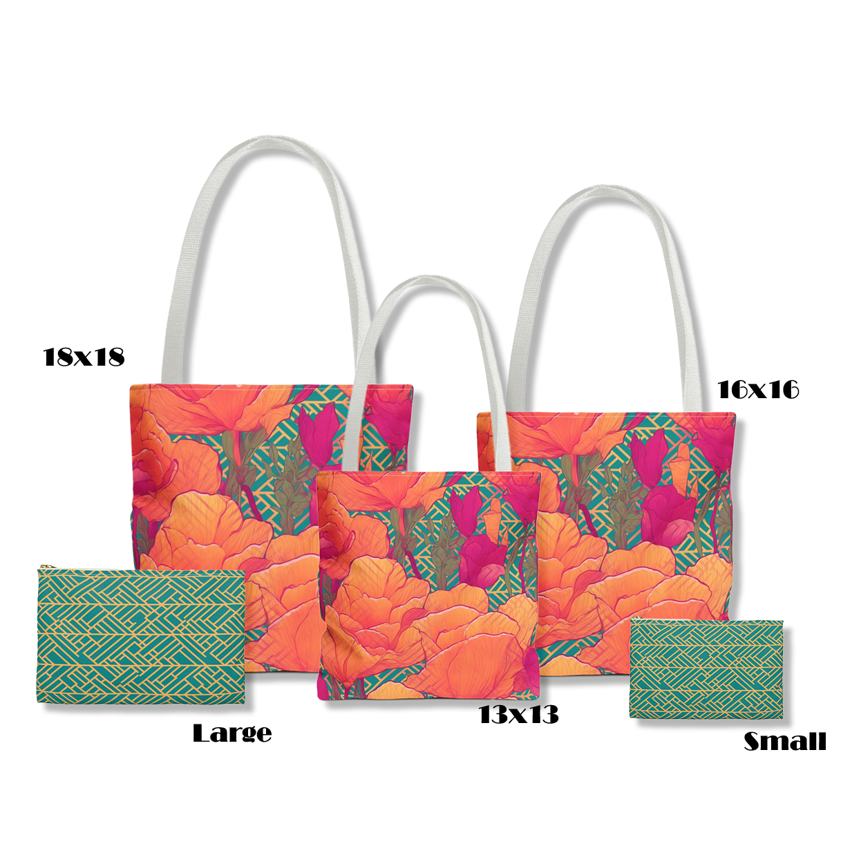 Bundle and Save! Golden Poppy Matrix Tote Bag and Geometric Background Flat Accessory Pouch
