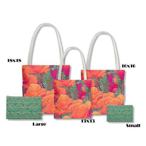 Bundle and Save! Golden Poppy Matrix Tote Bag and Geometric Background Flat Accessory Pouch