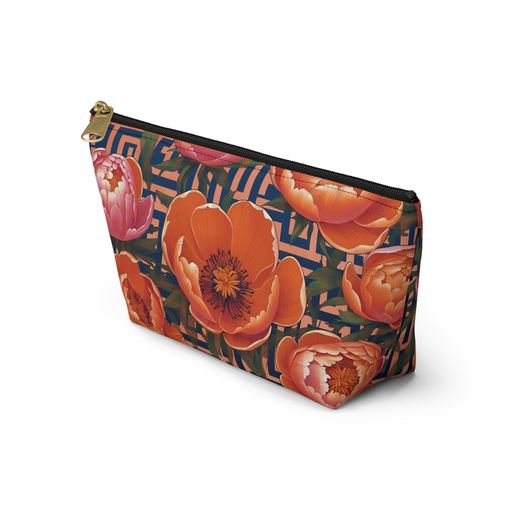 Peony Labyrinth Geometric Floral T-Bottom Accessory Pouch, Makeup Bag