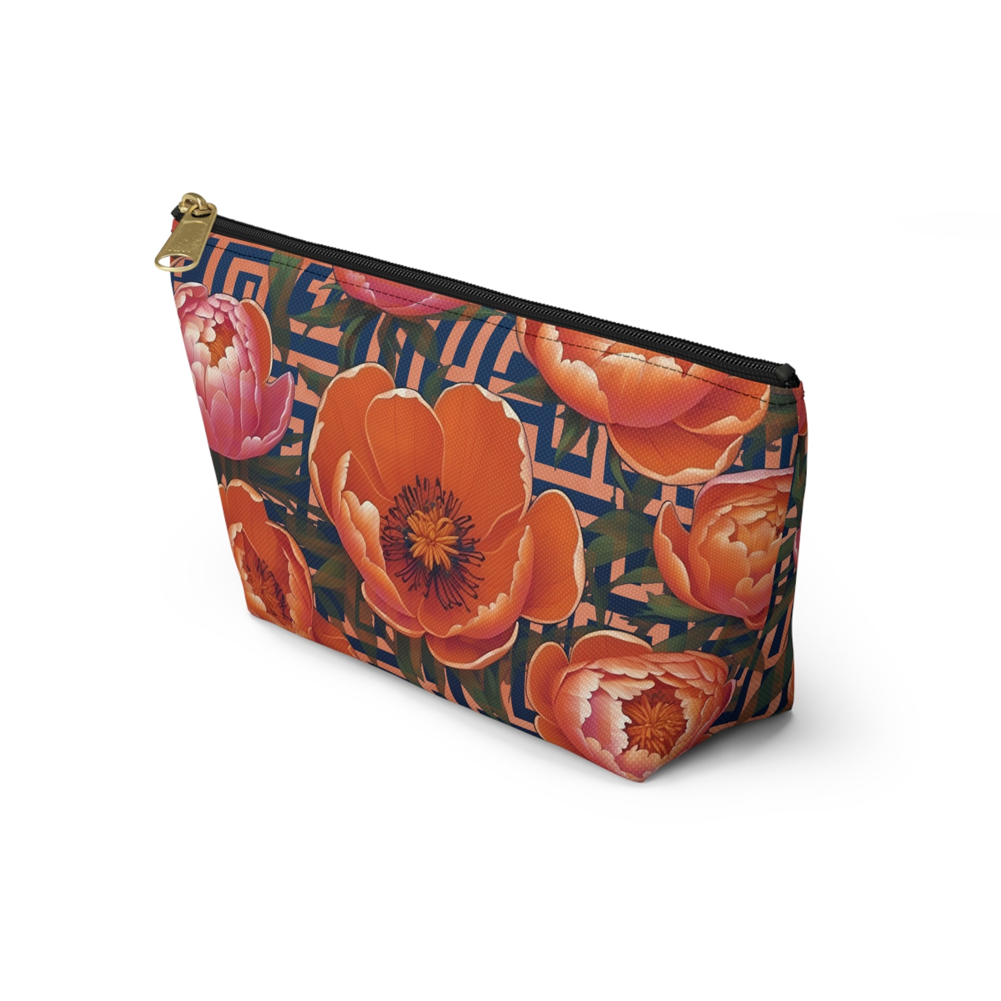 Peony Labyrinth Geometric Floral T-Bottom Accessory Pouch, Makeup Bag