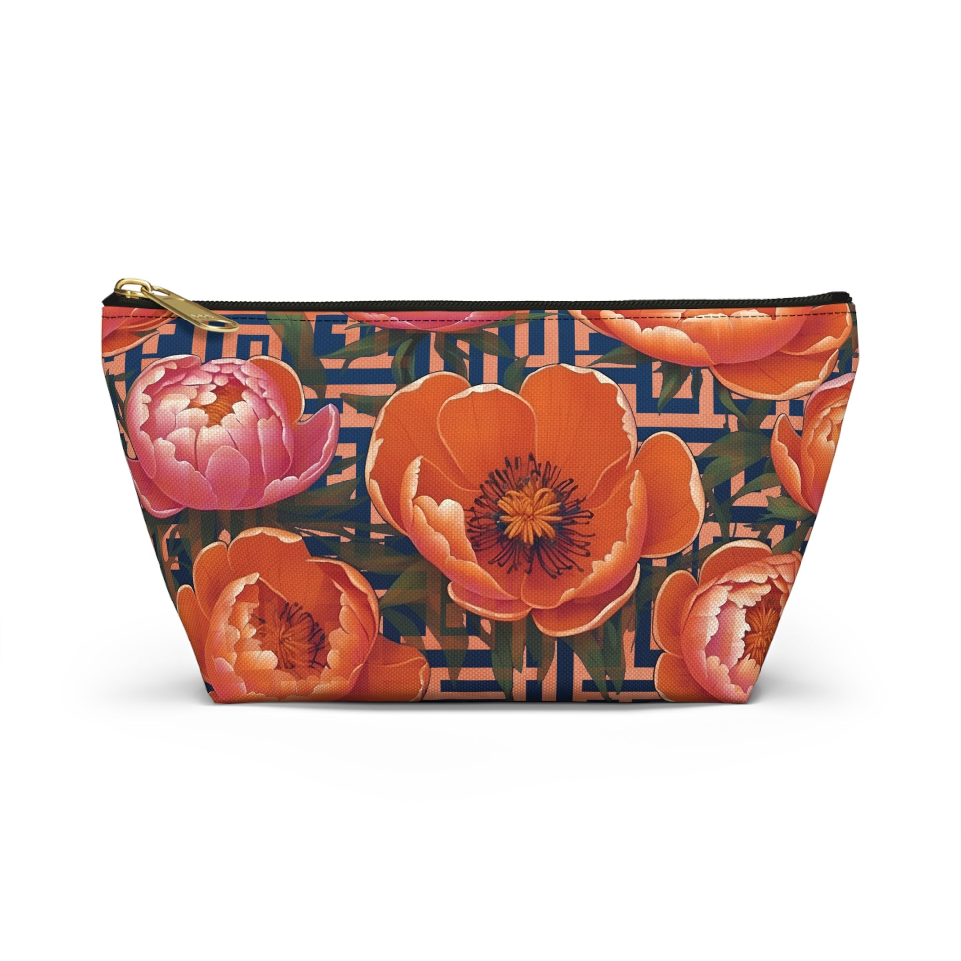 Peony Labyrinth Geometric Floral T-Bottom Accessory Pouch, Makeup Bag