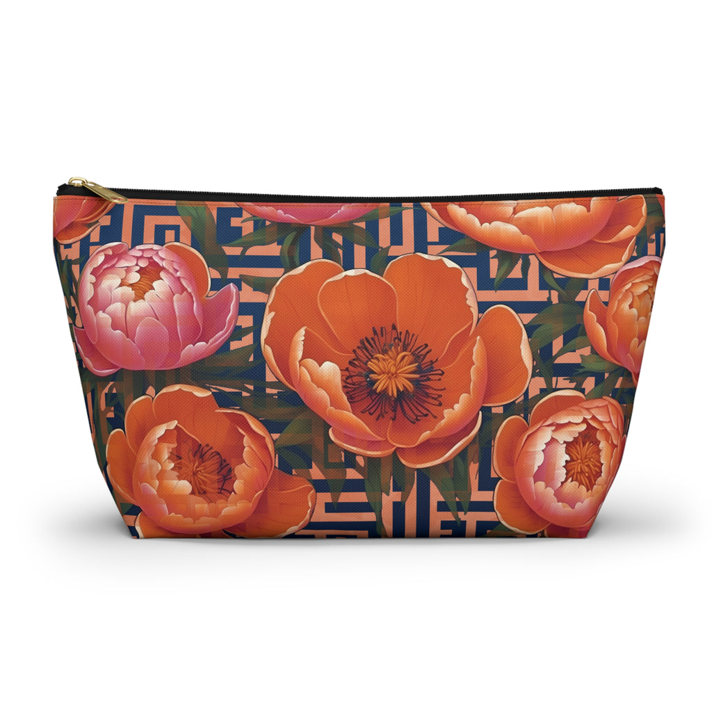 Peony Labyrinth Geometric Floral T-Bottom Accessory Pouch, Makeup Bag