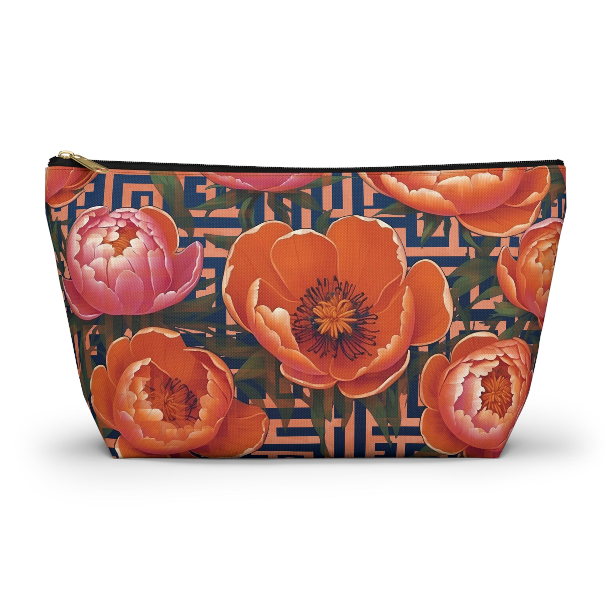 Peony Labyrinth Geometric Floral T-Bottom Accessory Pouch, Makeup Bag