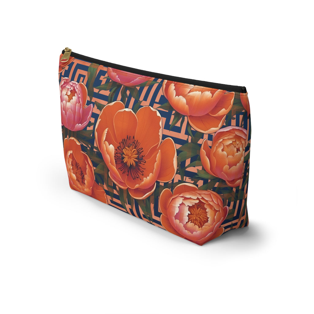 Peony Labyrinth Geometric Floral T-Bottom Accessory Pouch, Makeup Bag