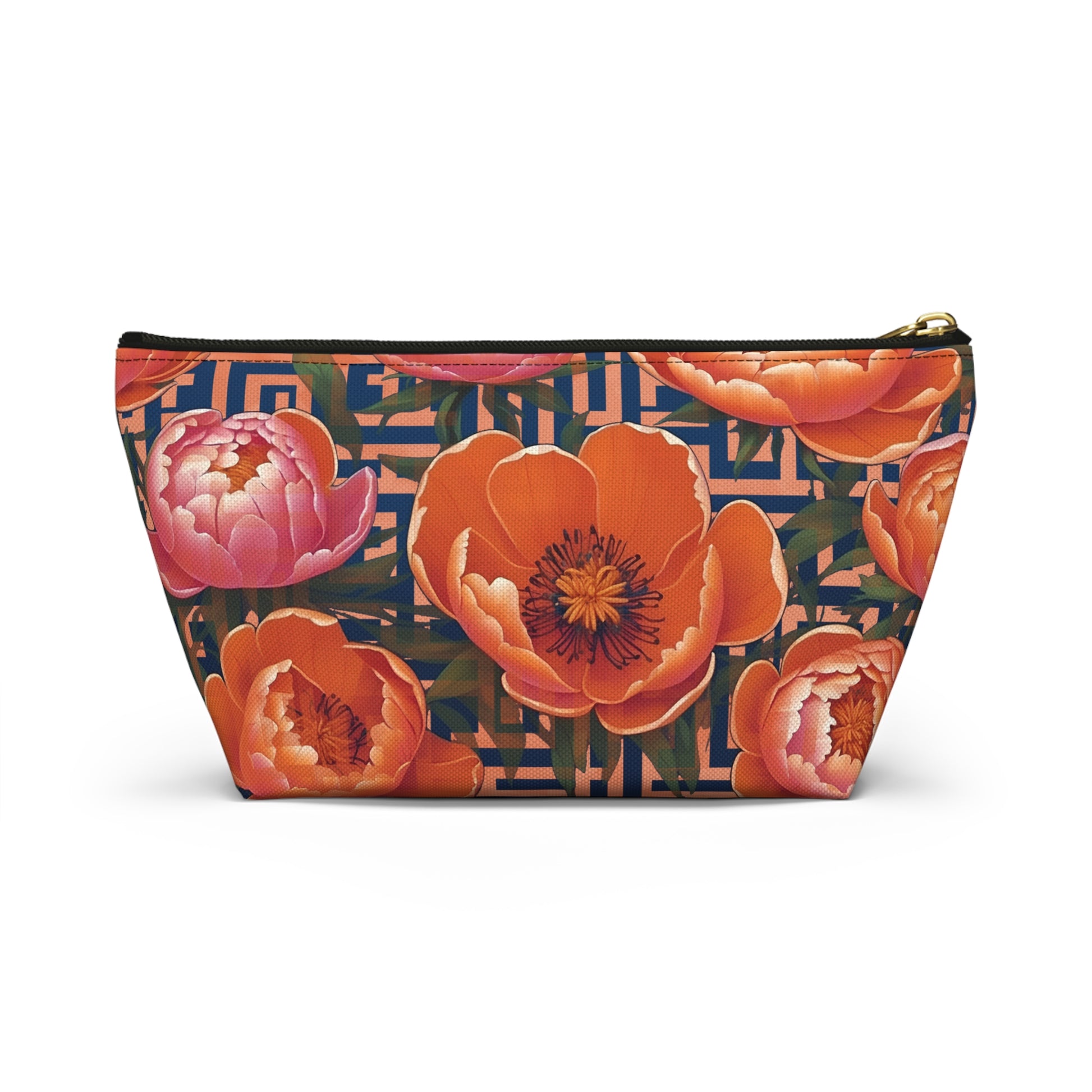 Peony Labyrinth Geometric Floral T-Bottom Accessory Pouch, Makeup Bag