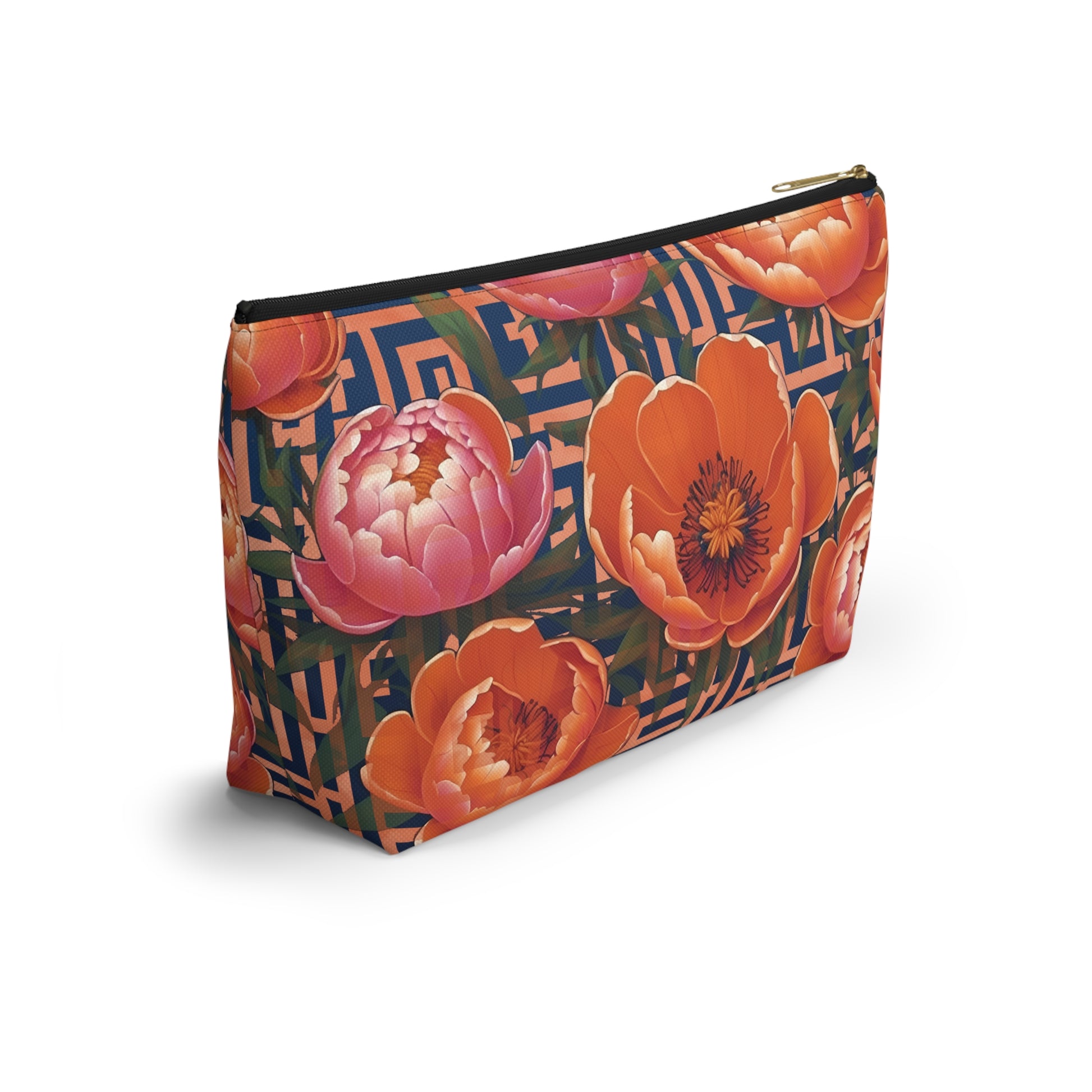 Peony Labyrinth Geometric Floral T-Bottom Accessory Pouch, Makeup Bag