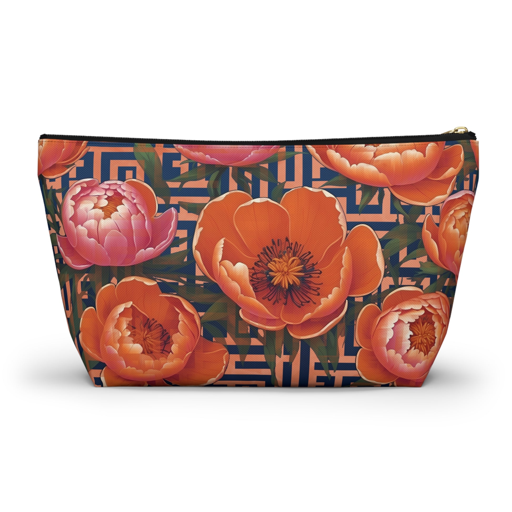 Peony Labyrinth Geometric Floral T-Bottom Accessory Pouch, Makeup Bag