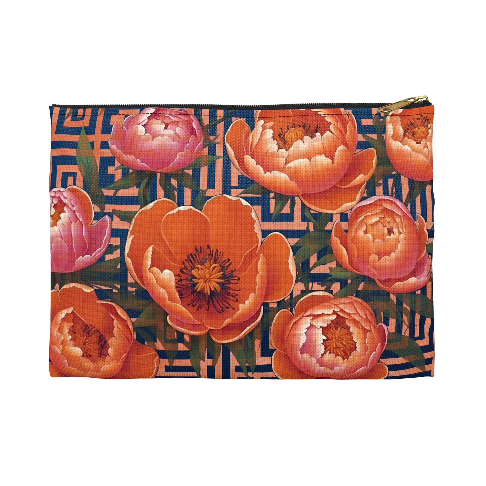 Peony Labyrinth Geometric Floral Flat Accessory Pouch, Makeup Bag