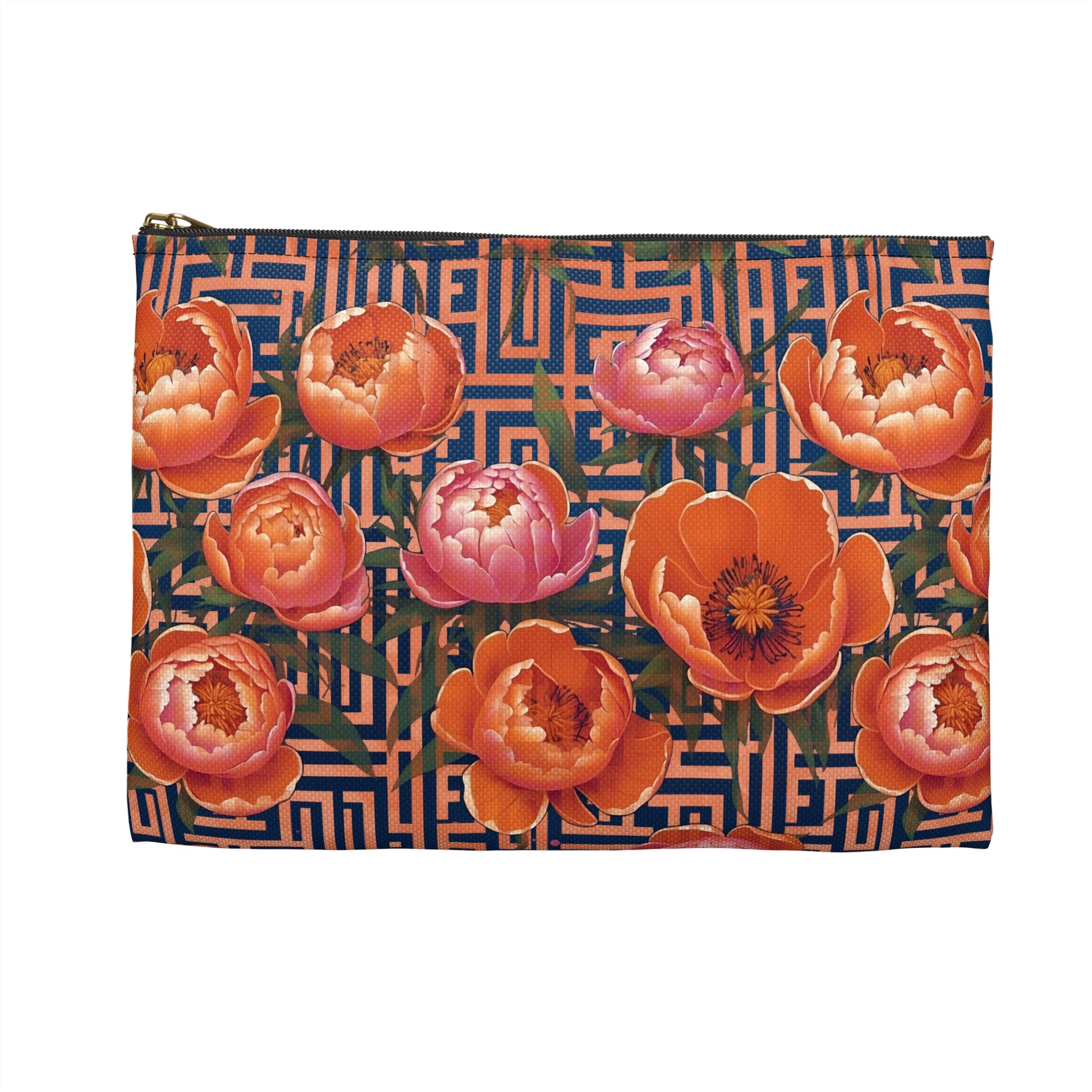 Peony Labyrinth Geometric Floral Flat Accessory Pouch, Makeup Bag