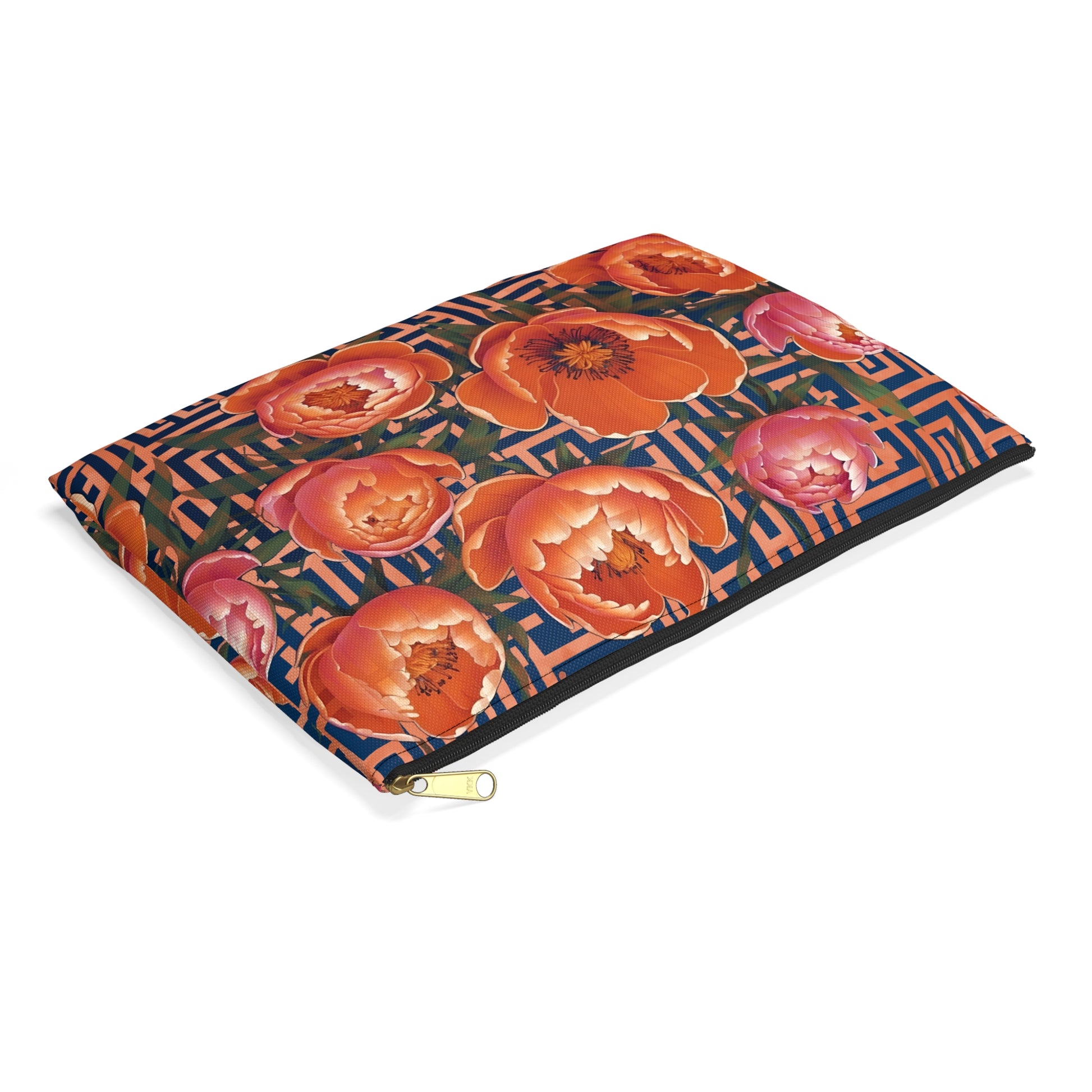 Peony Labyrinth Geometric Floral Flat Accessory Pouch, Makeup Bag