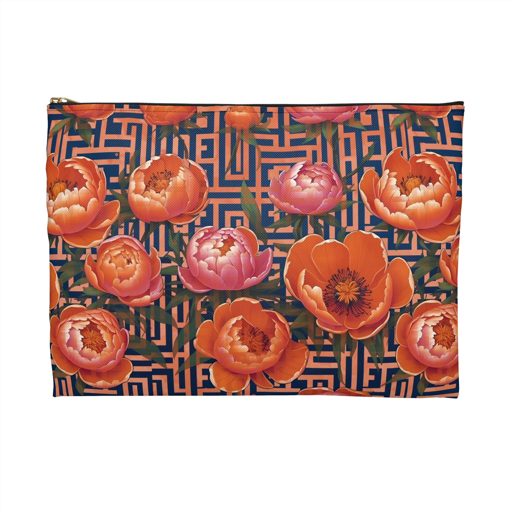 Peony Labyrinth Geometric Floral Flat Accessory Pouch, Makeup Bag