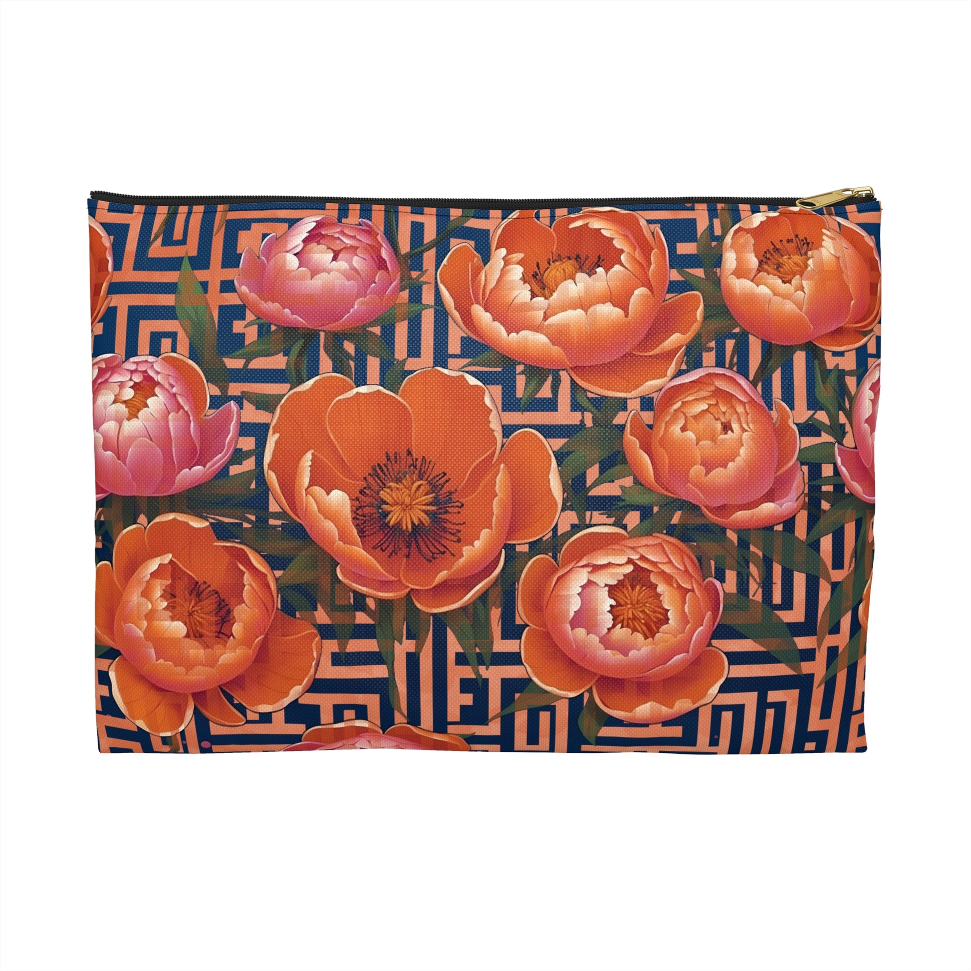 Peony Labyrinth Geometric Floral Flat Accessory Pouch, Makeup Bag
