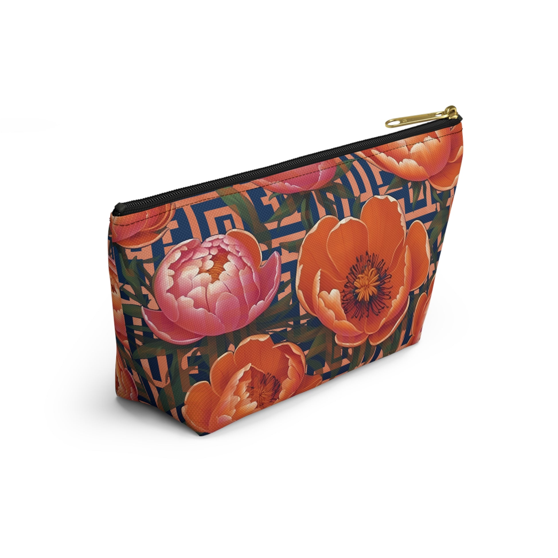 Peony Labyrinth Geometric Floral T-Bottom Accessory Pouch, Makeup Bag